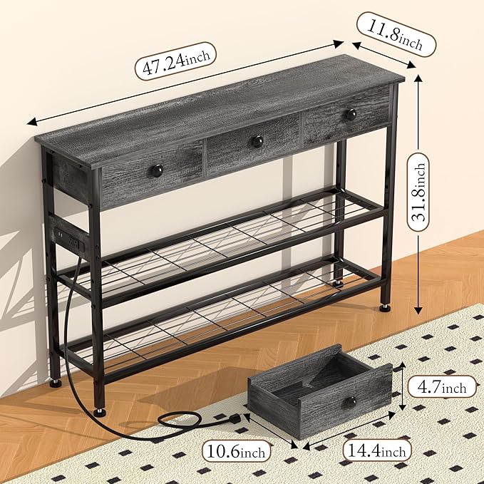 GRLEAF 47" Console Table with Outlets & USB Ports – Narrow Entryway Table with 3 Drawers and Storage Shelves, Power Strip Sofa Table for Living Room, Hallway, Kitchen, Foyer – Grey Wood Finish