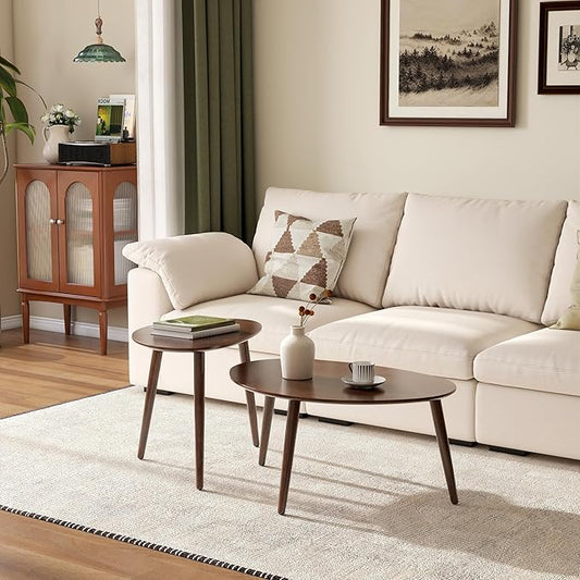 Small Oval Nesting Table, Mid Century Coffee Tables for Living Room,Solid Oak Wood Side Table,Triangle Tabletop with 3 Legs,Minimalist Display End Tables (Walnut Color, Combine)