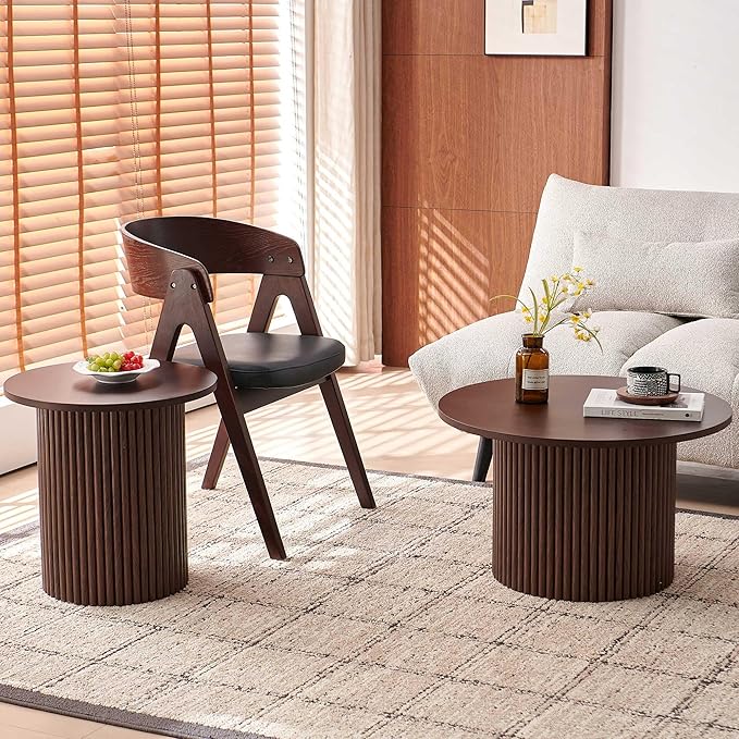 Round Coffee Table Set of 2,Small Side Table Set of 2, Circle Accent Tables with Walnut Wood Veneer Tabletop, Engineered Wood Strip Base for Small Spaces, Living Room