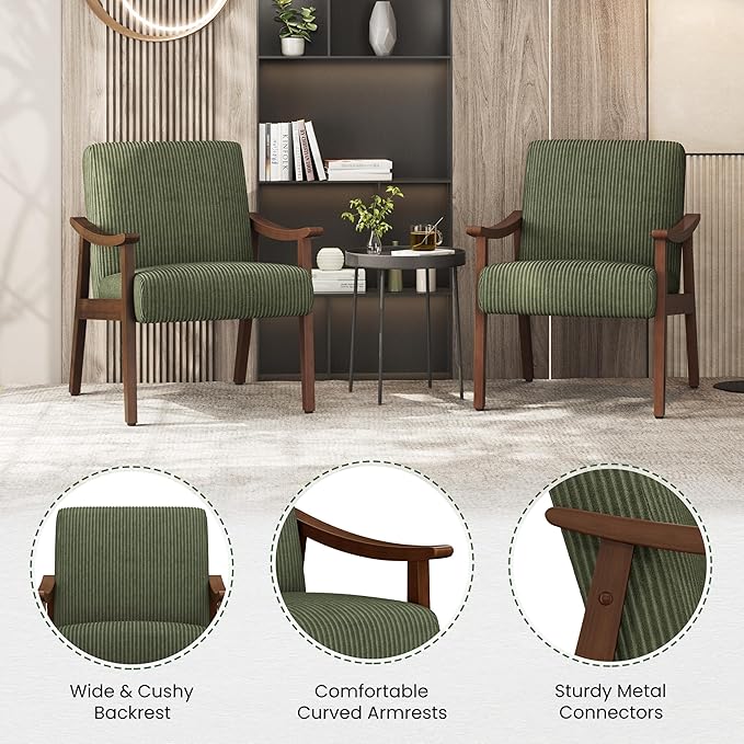 Yaheetech Corduroy Accent Chair, Mid-Century Modern Armchair with Solid Wood Legs, Reading Leisure Chair with High Back for Living Room Bedroom Waiting Room Dark Green