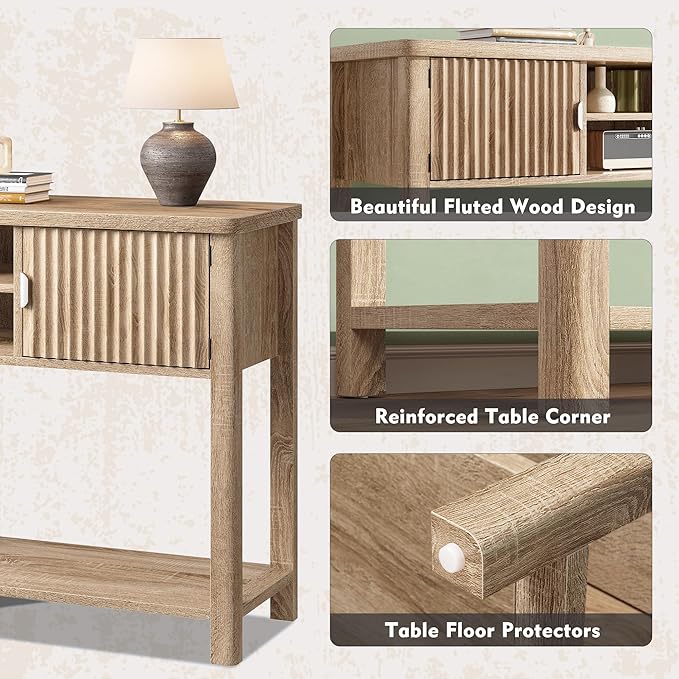 Fluted Console Table with 2 Door Cabinets, Modern Entryway Table with 3 Open Storage Shelves, Narrow Behind Couch Sofa Table for Living Room, Hallway, Foyer, 45.7" W×13.8" D×33.5" H, Oak