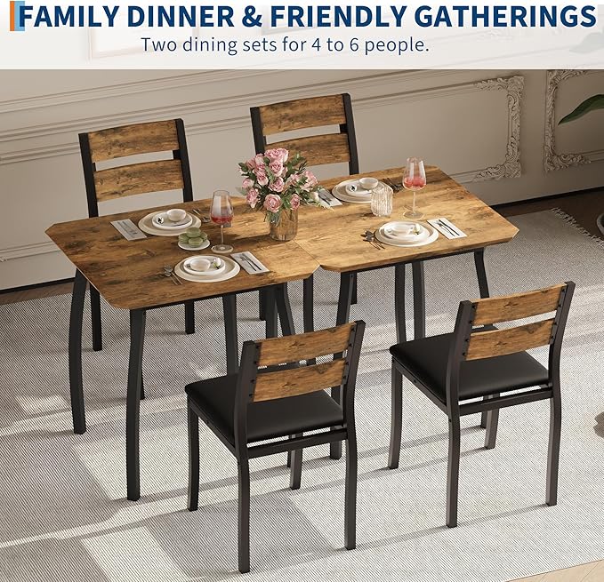 Small Dining Table Set for 2,3-Piece Kitchen Table Set with Thick Wood Grain Tabletop & 2 Upholstered Chairs & Metal Frame, Compact Table Set for Small Spaces, Kitchens & Dining Rooms (Brown)