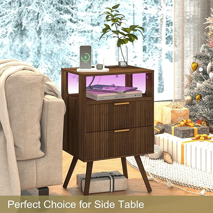 Nightstand with Charging Station and LED Lights,Modern Bedside Table with 2 Storage Drawer and Open Wood Shelf, for Bedroom and Small Spaces,Night Stand with Solid Wood Legs,Walnut Brown