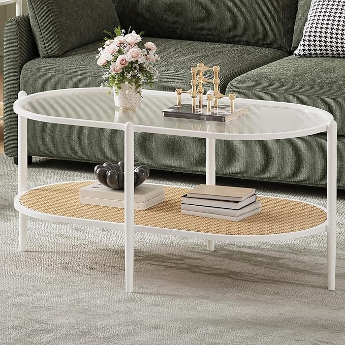 Boho Rattan Coffee Table with Glass Top, 2-Tier Oval Center Table with Metal Frame & Storage Shelf, Rustic Farmhouse Living Room Accent Tea Table for Apartment, Bedroom, Office White