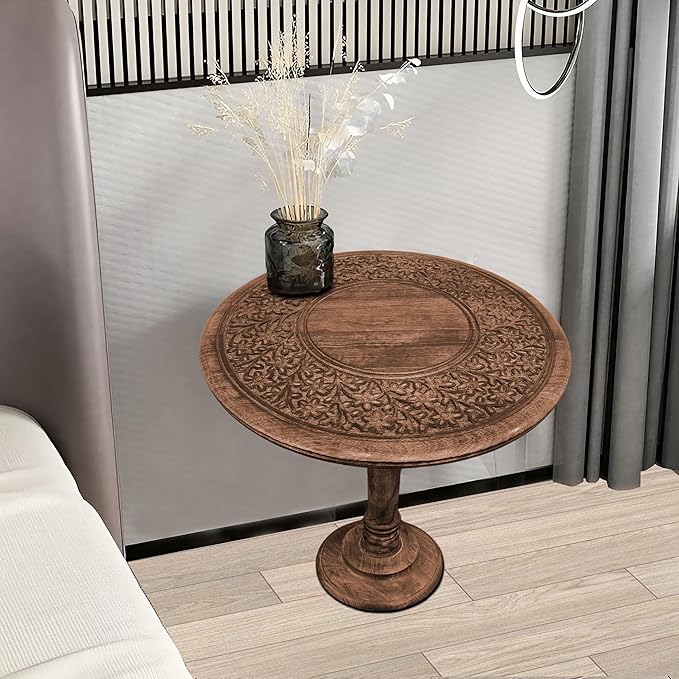 Goroly Home Hand Carved Wooden Pillar Table Pillar, Small End Table Nightstand Bedside Table for Living Room, Magazines, Books & Plants - 18x22 Inch - Antique Burnt