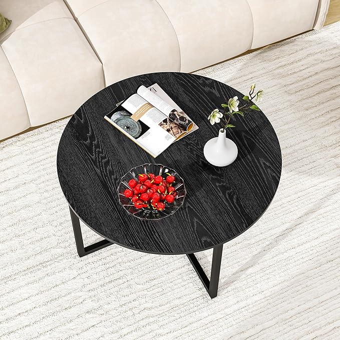 HOMERECOMMEND Round Coffee Table Nesting Tables for Living Room Tea Desk with Black Metal Legs Tea Table Balcony End Sofa Table Study,Black