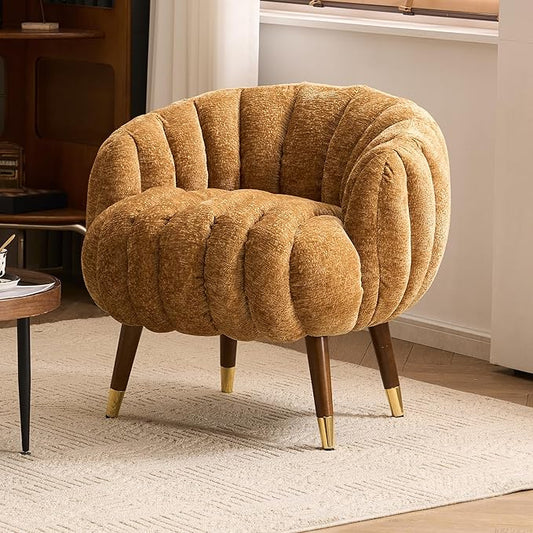 Accent Chair, Modern Barrel Chair with Solid Wood Legs, Cozy Single Sofa Chair, Upholstered Armchair for Makeup Vanity, Living Room, Caramel