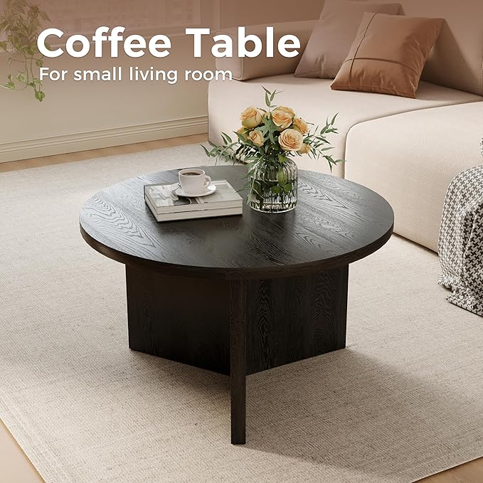 Luoxiao 27.5'' Coffee Table for Small Space, Minimalist Modern Table for Living Room, Durable & Sturdy Small Round End Table with Adjustable Feet Pads, Black