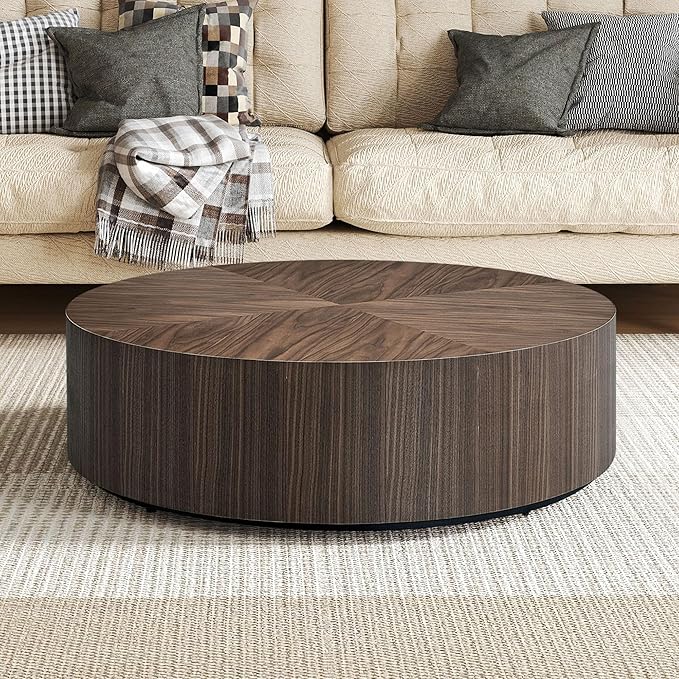 35.43" Round Coffee Table for Living Room, MDF Coffee Table Drum Center Table for Apartment, Modern Drum Circle Coffee Table Side Table End Table, No Need Assembly (Walnut, ø35.43'' x 11.42'')