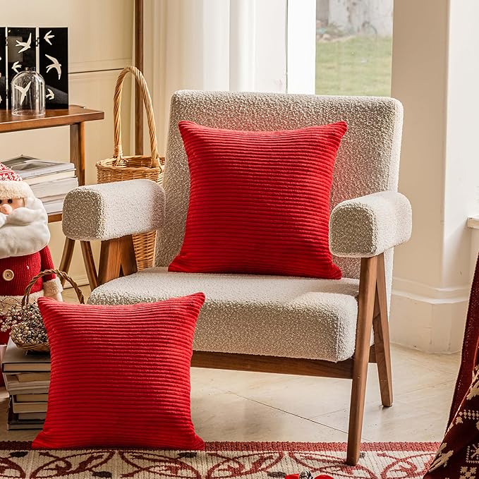 Home Brilliant Red Pillow Covers Decorative Throw Pillow Covers for Christmas Couch Bench Set of 2 Striped Corduroy Accent Pillow Covers, 40x40cm, 16 x 16 Inch, Red