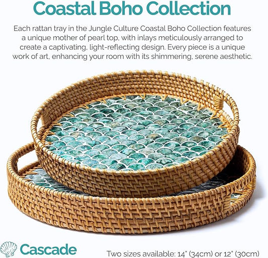 JUNGLE CULTURE Large Rattan Serving Tray 14" with Mother of Pearl Inlay • Coastal Boho Collection • Handcrafted Serving Tray with Handles • Round Woven Table Trays for Home • Wicker Basket – Cascade