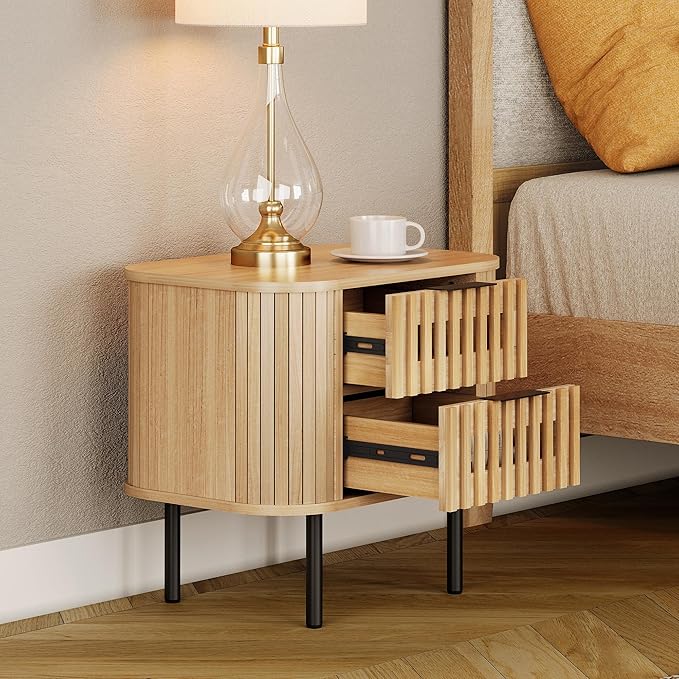 WAMPAT Fluted Nightstand, Modern Wooden End Table with 2 Drawer, Storage Bedside Table for Bedroom and Living Room, Oak