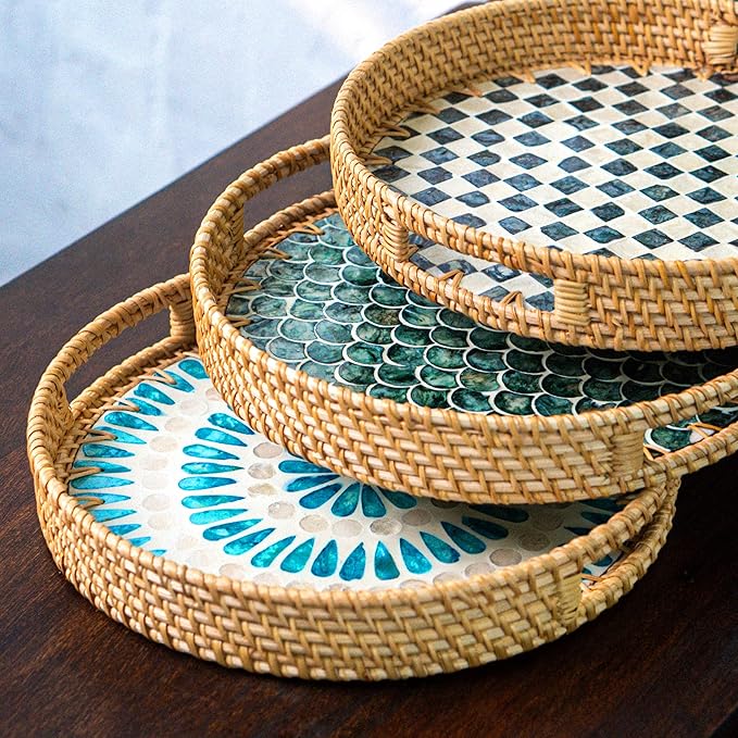 JUNGLE CULTURE Rattan Serving Tray 12" with Mother of Pearl Inlay • Coastal Boho Collection • Handcrafted Woven with Handles for Home • Round Dining Table Tray • Wicker Serving Basket – Cascade