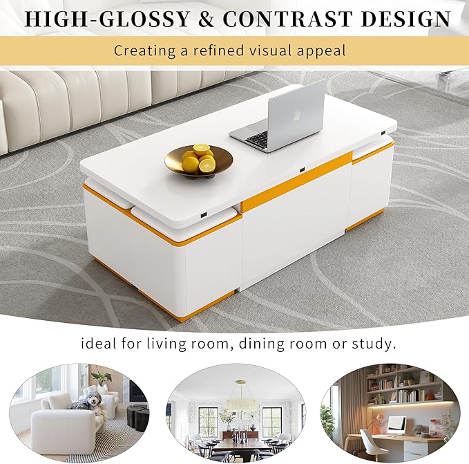 Lift Top Coffee Table with 4 Storage Stools and Foldable Top, Modern 47.2'' Rectangular Multi-Functional Adjustable Dining Table Task Table with Hidden Compartment for Living Room, White