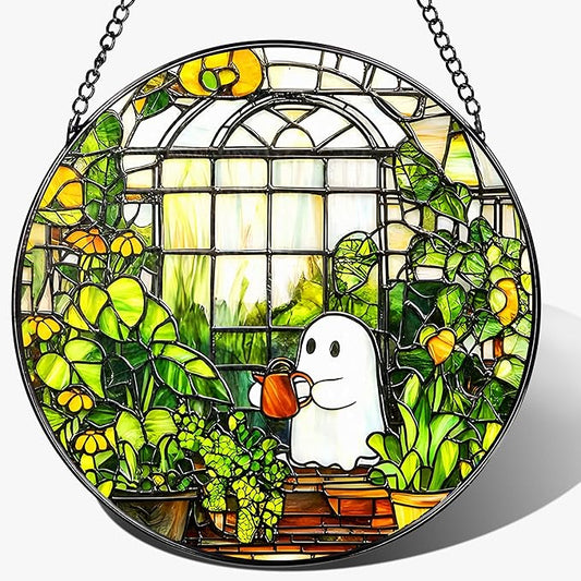 8'' Halloween Ghost Greenhouse Sun Catcher Ornament, Stained Glass Window Hanging, Sun Catchers for Windows Hanging Ornaments, Window Decor, Holiday Present, Ideal Gift | Plant Lovers Gifts