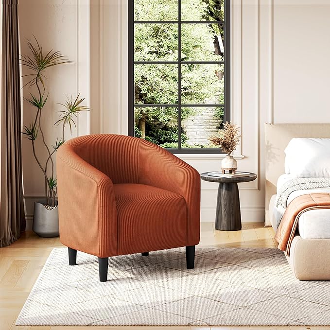 Yaheetech Accent Barrel Chair, Corduroy Fabric Club Chair, Furry Sherpa Elegant Armchair with Cozy Soft Padded, Suitable for Living Room Bedroom Reception Room Office, Brick Red