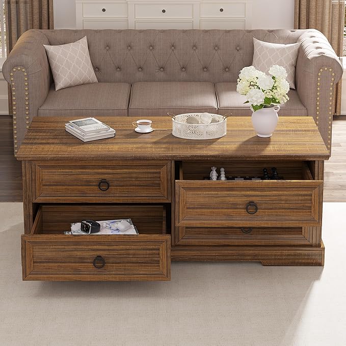 Coffee Table with Storage, 47.2 in Rustic Wooden Center Table with 4 Drawers for Living Room, Easy Assembly Rectangle Home Office Farmhouse Tea Accent Table for Apartment, Walnut