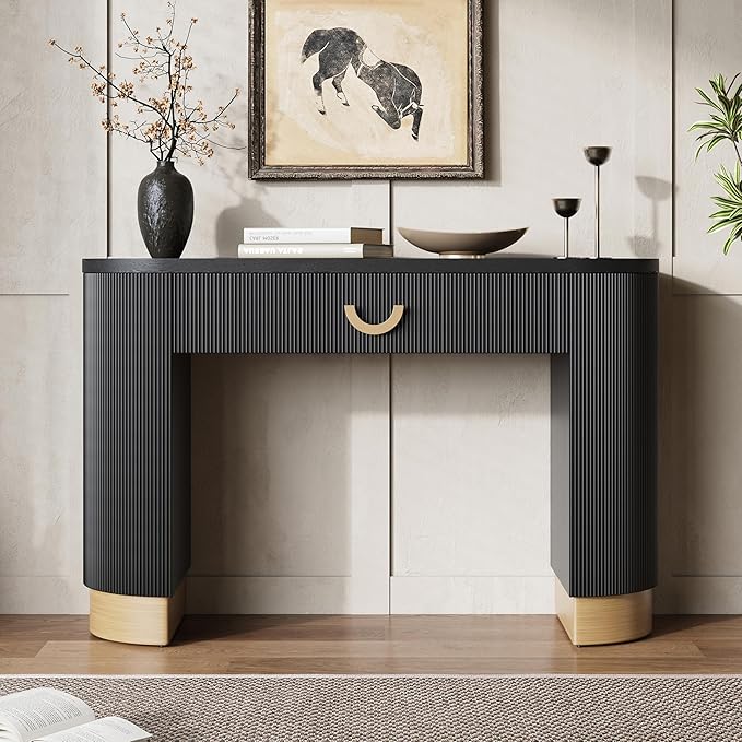 kevinplus 47.7'' Console Table Sofa Table with Drawer Storage Space for Entryway, Modern Elegant Fluted Design, Easy Assemble, Black & Gold