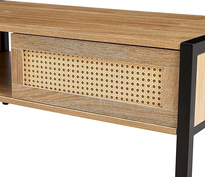 40.16" Modern Rattan Coffee Table with Sliding Door Storage, Metal Legs - Stylish Living Room Center Table, Rustic Brown Woven Design, Sturdy & Spacious