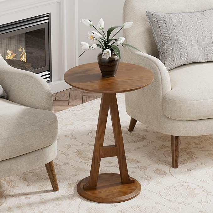Aoligrace Round End Table, Farmhouse Side Table with Unique A-Shaped Leg,Wooden Small Coffee Tables for Couch Sofa Nightstand Accent Tables for Living Room Bedroom,Easy to Assemble