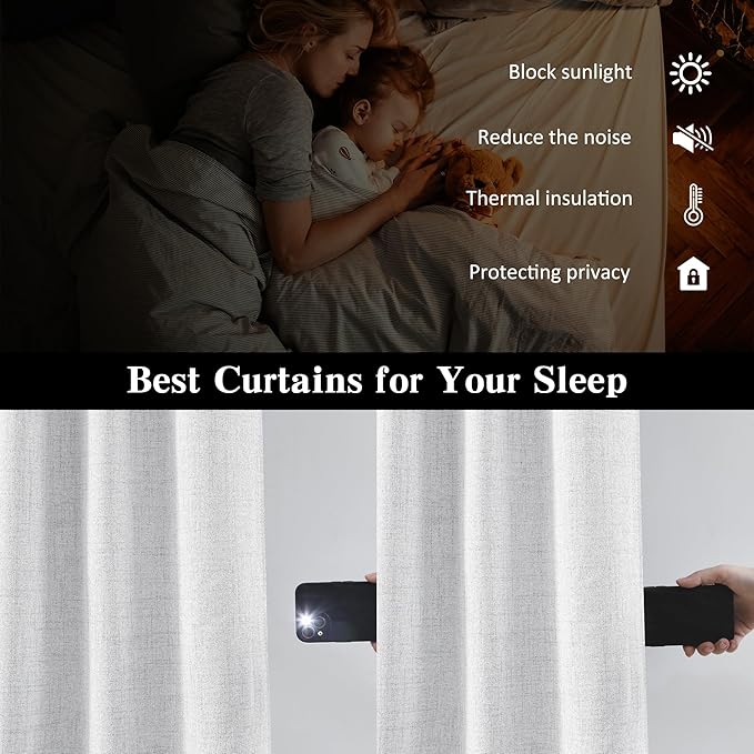 White Blackout Curtains 120 Inches Long Modern Farmhouse Back Tab Pleated Look Window Drapes for Bedroom Living Room 2 Panels 50x120x2