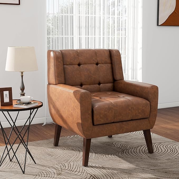Pia Ricco 2 Pack Mid Century Modern Accent Chairs, Button Tufted Faux Leather Armchairs - Easy-Clean Matching Set for Living Room, Durable Sofa Chairs for Home Office & Lounge, Coffee