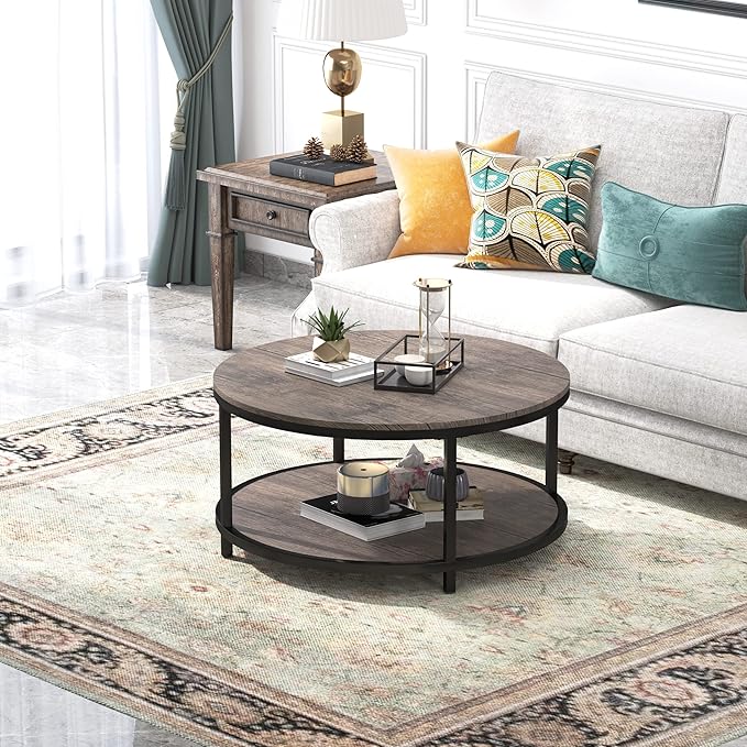 WiberWi Round Coffee Table 35.8" Circle Coffee Tables for Living Room Rustic Industrial Cocktail Table with Sturdy Metal Frame and Open Storage Shelf, Easy Assembly, Gray Brown