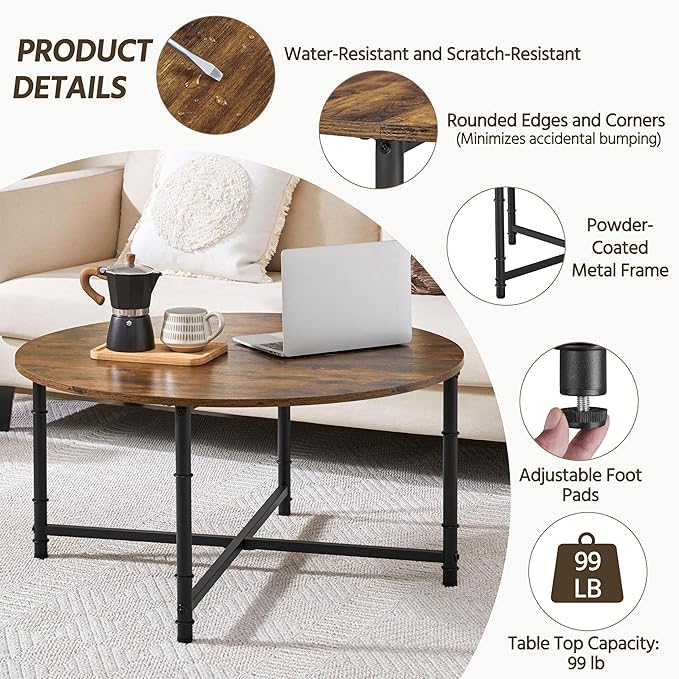 Yaheetech Round Coffee Table, Small Coffee Table for Living Room, Rustic Wood Circle Modern Center Table with Sturdy Metal Legs, Easy to Assemble, 35.5 x 18 Inches
