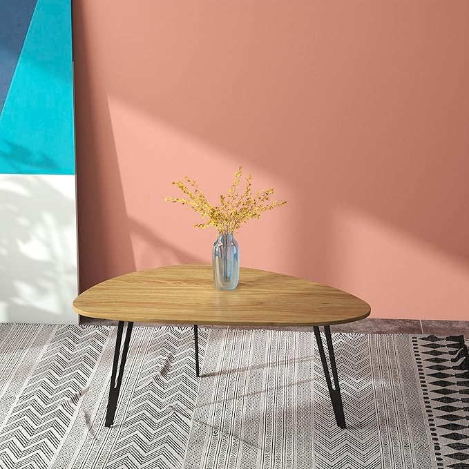 Manora Modern Mid Century Coffee Table, Oval Triangle Wood Center Table with Sturdy Metal Legs, Stylish Living Room Accent Table for Small Spaces