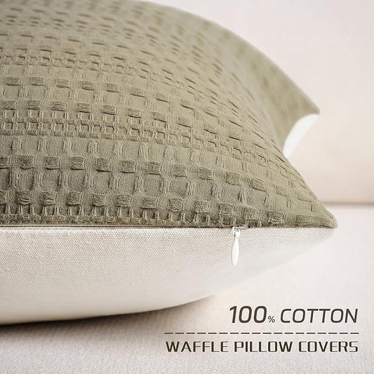 ZeeMart 100% Cotton Waffle Textured Throw Pillow Covers Set of 2, 18x18 Inch Khaki Green, Soft Farmhouse Decorative Couch Pillow Cases Green Cushion Covers for Sofa Bed Living Room Home Decor