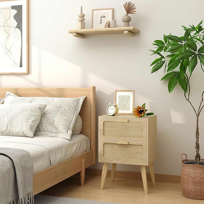 Rattan Nightstand Set of 2,Side Table with Hand Made Rattan Decorated Drawers,Boho Bedside Table,Wood Accent Table with Storage for Small Space,Livingroom, Bedroom, Natural CTG59Y-2