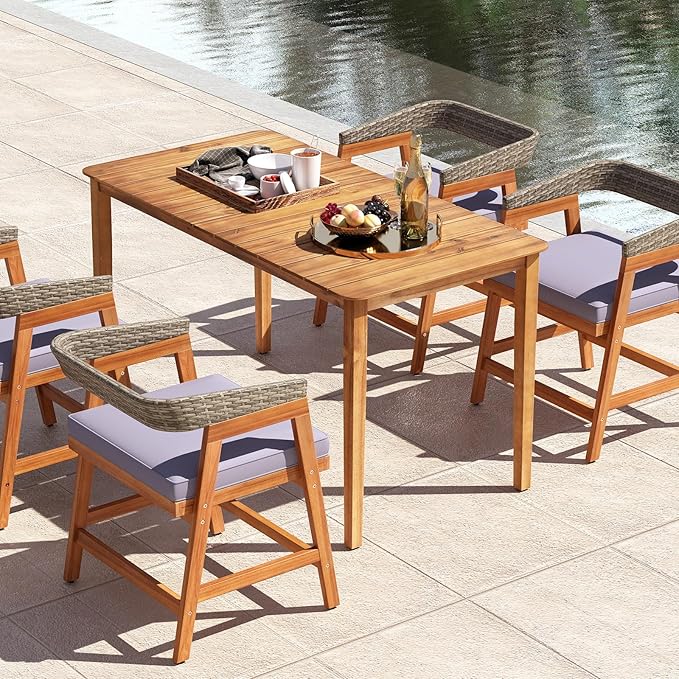 Tangkula Rectangular Outdoor Dining Table, 4-6 People Large Acacia Wood Patio Table with Slatted Tabletop, Indoor Outdoor Farmhouse Bistro Table for Yard, Garden, Poolside, Deck