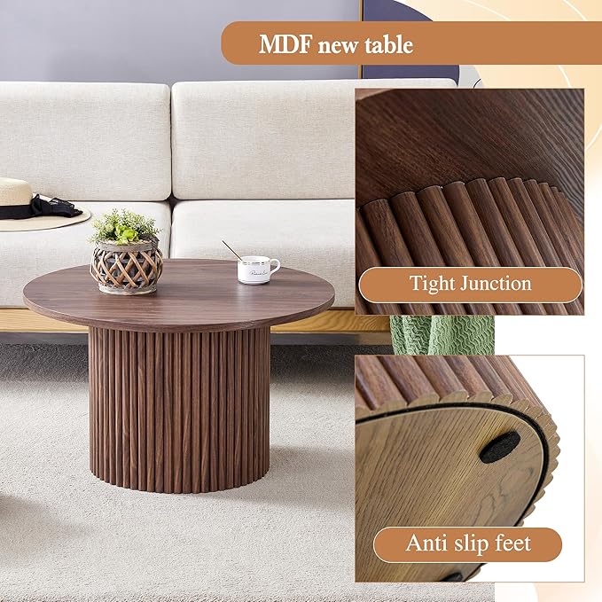 27.5" Modern Round Coffee Table with Storage, for Living Room, Circle Wood Accent Center Table for Apartment, Walnut