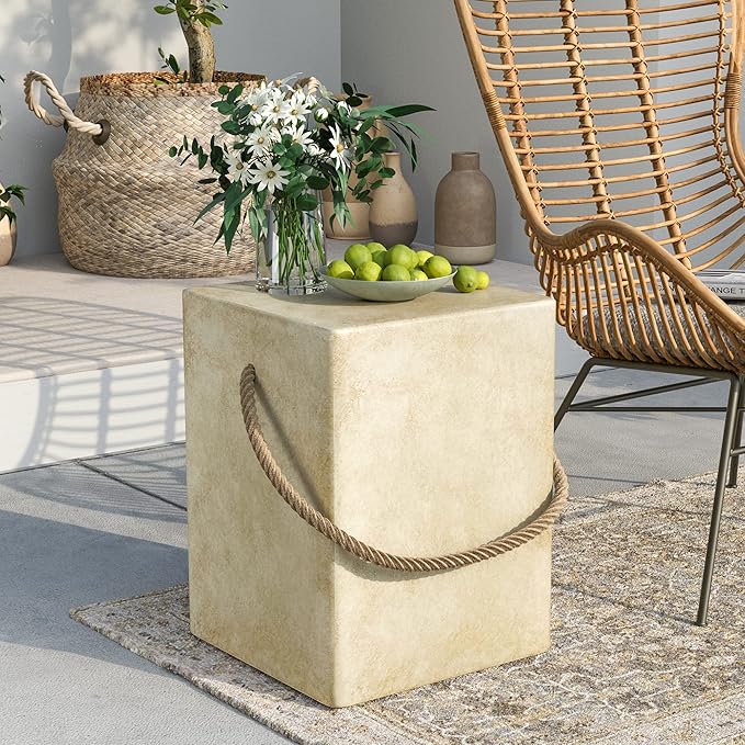 SUNBURY Outdoor Side Table, Concrete Side Table for Patio,18" H Small End Table w Hemp Rope, Indoor & Patio Accent Table Coffee Table Warm Gray, Stone Side Table Garden Plant Stands