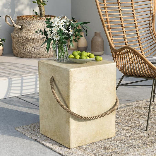 SUNBURY Outdoor Side Table, Concrete Side Table for Patio,18" H Small End Table w Hemp Rope, Indoor & Patio Accent Table Coffee Table Warm Gray, Stone Side Table Garden Plant Stands