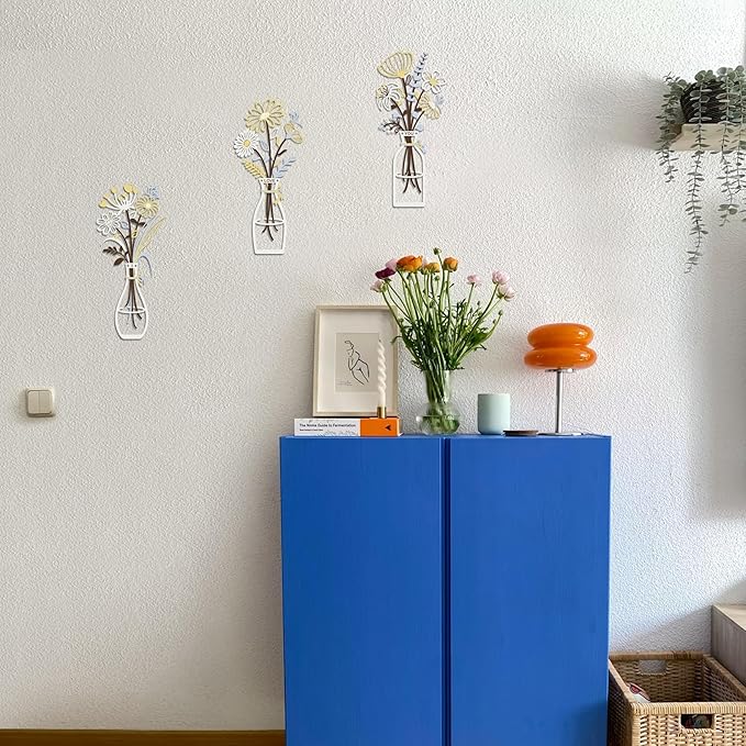 3 Pieces Metal Flowers Wall Art Decor, House Minimalist Bathroom Wall Decors Sculptures for Living Room Dining Room Bedroom Housewarming Gifts