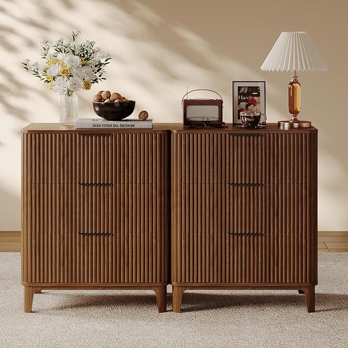 3 Drawer Fluted Dresser for Bedroom Set of 2, Modern Closet Dressers Chest of Drawers, 23.6" Rustic Wood Nightstand 3-Drawer Dresser Bedside Table, Curved End Table with 3 Large Drawers Walnut