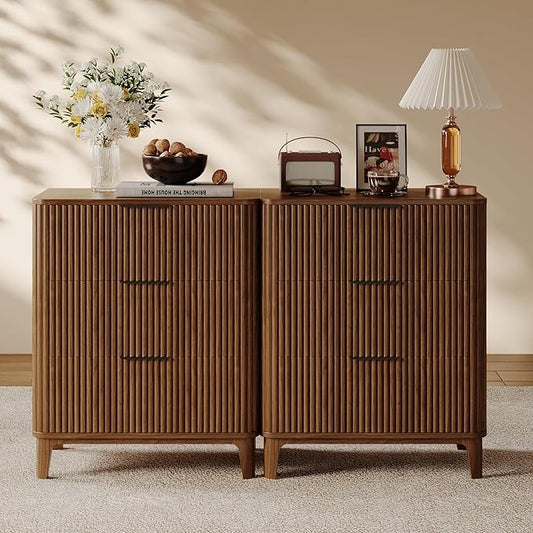 3 Drawer Fluted Dresser for Bedroom Set of 2, Modern Closet Dressers Chest of Drawers, 23.6" Rustic Wood Nightstand 3-Drawer Dresser Bedside Table, Curved End Table with 3 Large Drawers Walnut