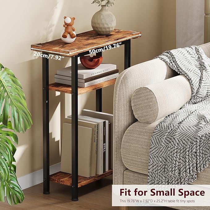 Heybly Small Narrow Side Table for Small Space, Thin Bedside Table, Slim Sofa Table, Skinny End Table, 25.2" Tall Nightstand, Couch Table for Living Room, Bedroom, Study, Rustic Brown, HET005SR1