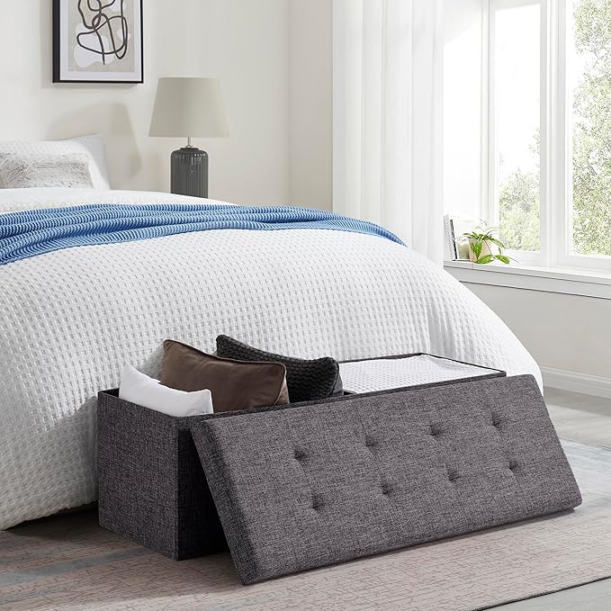 Ornavo Home 43 Inch Folding Storage Ottoman, Long Large Storage Ottoman Chest, Foot Rest Stool, Bedroom Bench - (Dark Gray)