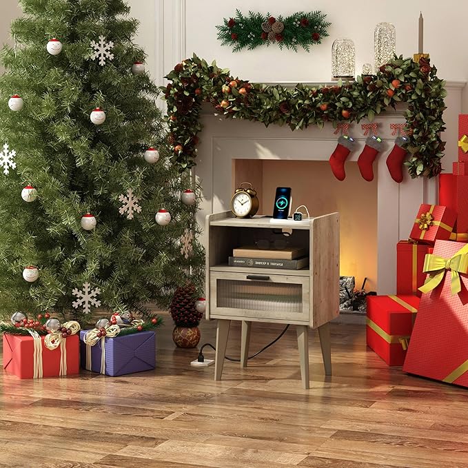 Nightstand with Charging Station, Bedside Tables Oak Grey End Table Side Table with 2 Tiers Storage Space, for Bedroom Living Room MLBZ07GE