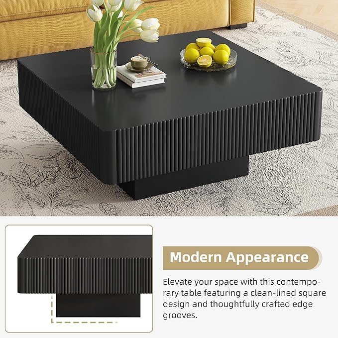 31.6" Square Wood Coffee Table Modern Black Fluted Coffee Tables for Living Room Drum Coffee Table with Sturdy Pedesta Circular Center Table for Apartment Living Room,Easy Assembly