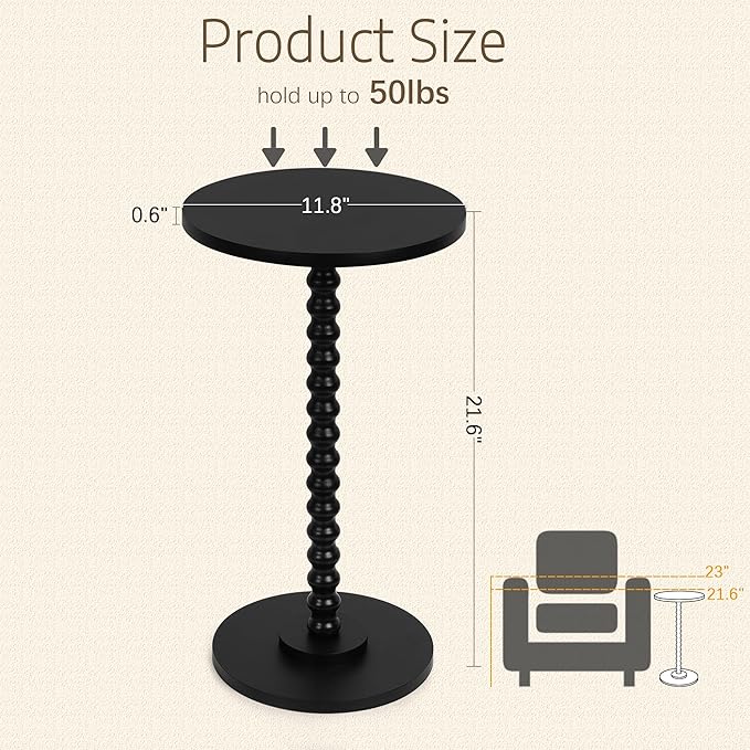 Round Side Table, Small End Table for Small Space, Modern Accent Table with Solid Wood Leg, Easy Assembly for Living Room, Bedroom, Corners, and Office (Black)