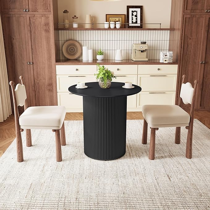 AVZEAR 31.5" Round Dining Table for 2 People, Small Kitchen Dinner Table with Fluted Wood Base, Farmhouse Circle Dining Tables for Home, Kitchen, Dining Room, Living Room (Black)