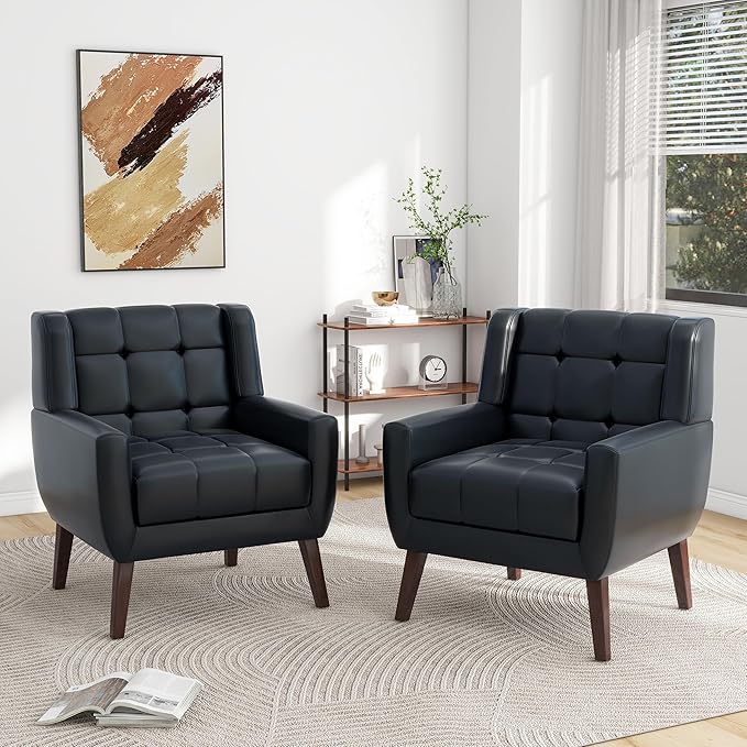 Pia Ricco 2 Pack Mid Century Modern Accent Chairs, Button Tufted Faux Leather Armchairs - Easy-Clean Matching Set for Living Room, Durable Sofa Chairs for Home Office & Lounge, Black