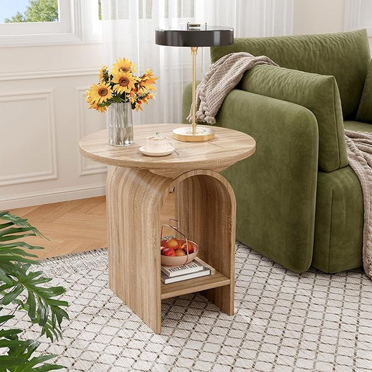 Side Table Set of 2, Round Coffee Table for Living Room, 2-Tier end Table with Storage and Thickened Tabletop, Modern Center Table Boho Small Bed Side Table for Living Room Office, Natural
