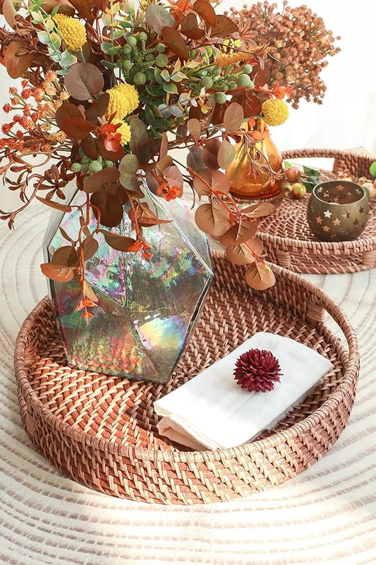 HITOMEN 14.2" Hand-Woven Round Rattan Serving Tray Decorative Ottoman Wicker Platter with Handles for Coffee Table, Breakfast, Drinks, Snack, Bread, Fruit, Vegetables (Honey Brown-L)