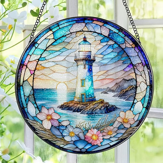 Stained Glass Window Hanging, Pauyadu Lighthouse Sun Catchers, Stained Glass Suncatcher, Lighthouse Decor Gifts for Women, Men, Lovers, Friend, Family and Partners- 8 Inch