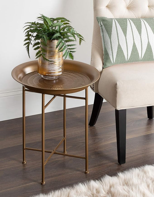 Kate and Laurel Mahdavi Round Hammered Metal Tray End Table, Dark Gold