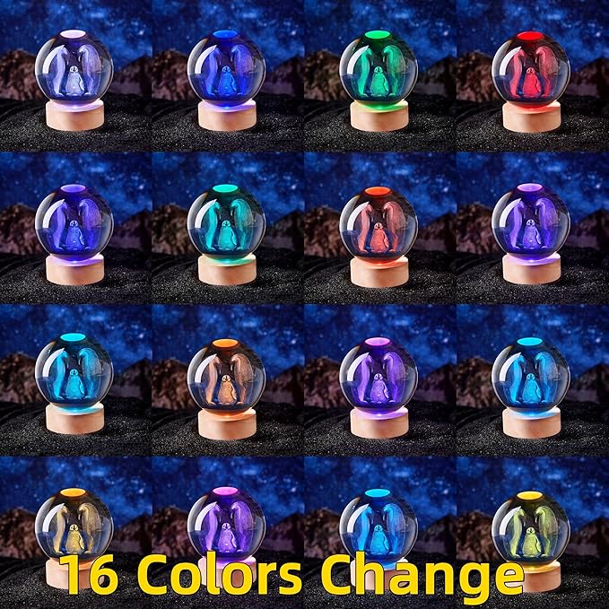 Penguin Crystal Ball Lamp with LED Wooden Base, 16 Colors Change & Remote Control Crystal Ball Night Light, Upgraded 3.15 Inch Glass Light, Gift for Kids Wife Girlfriend (Penguin)